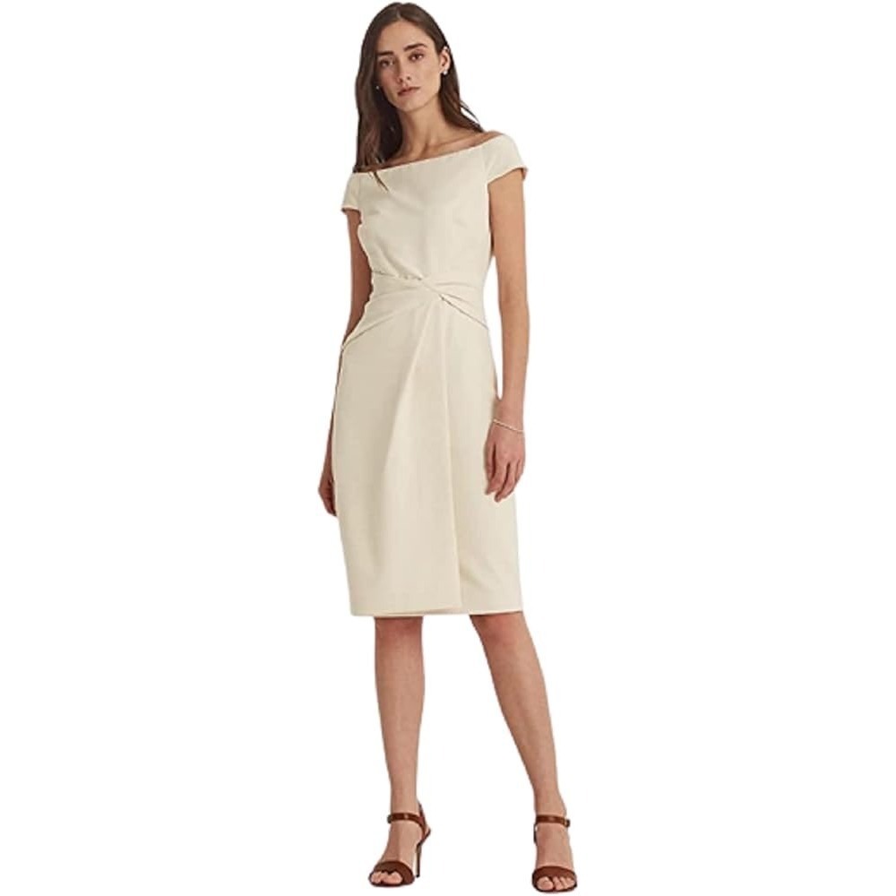 Lauren Ralph Lauren Cream Off-the-Shoulder Twist‎ Waist Sheath Dress 12
